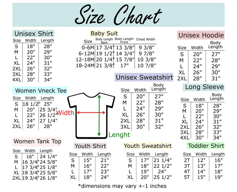 May include: A size chart for various apparel items, including unisex shirts, baby suits, hoodies, and long sleeves. Measurements are provided in inches for width and length, with size options ranging from S to 4XL.