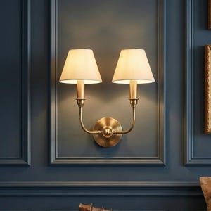 Two light sconce, double fixture, fabric lampshades, brass metal mood lighting