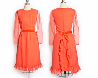 1960s Dress Miss Elliette Orange Chiffon S