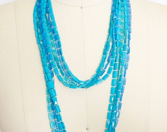 1960s Necklace Blue Beaded Long Multi Strand