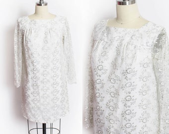 1960s Dress Silver Lace Mini Mod XS