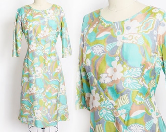 1960s Dress Pastel Floral Silk A-Line Day M