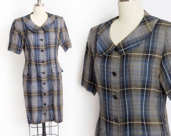 1980s Chloe Shirt Front Dress Blue Plaid S