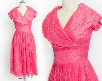 1950s Dress Fuchsia Lace Full Skirt Party XS