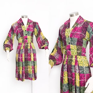 1940s Dress Printed Rayon Poet Sleeve S
