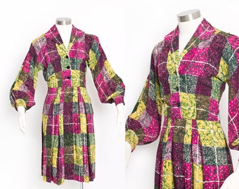 1940s Dress Printed Rayon Poet Sleeve S