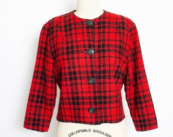 1960s Cropped Jacket Red Plaid Wool M