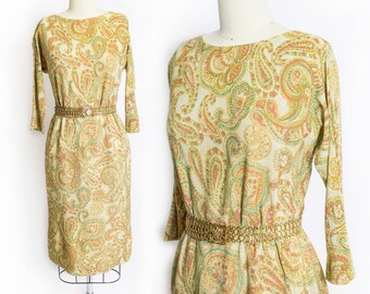 1960s Dress Metallic Gold Lame Paisley Wiggle S