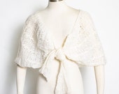 Vintage 50s Shawl - Ivory Italian Wool Knit Bridal Wrap Stole 1950s- M - XL