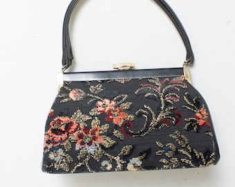 1960s Purse Dark Floral Tapestry Needlepoint Hand Bag