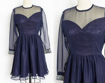 Vestido de los años 60, azul marino, gasa transparente, falda amplia, talla S