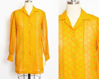 1970s Shirt Dress Semi Sheer Orange Floral S
