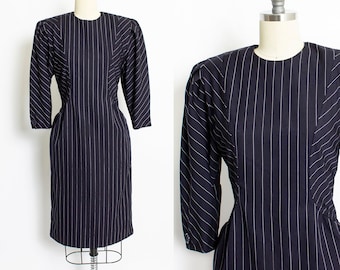 1980s Dress Albert Nipon Pin Striped Navy S