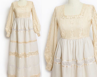 1960s Maxi Dress Boho Lace Wedding Gown Beige S