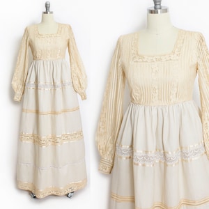 1960s Maxi Dress Boho Lace Wedding Gown Beige S