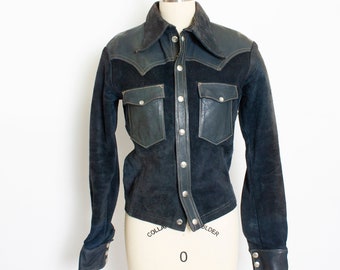 EAST WEST Leather Jacket Blue Suede 1970s XS