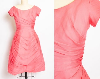 1950s Dress Pink Chiffon Ruched XS