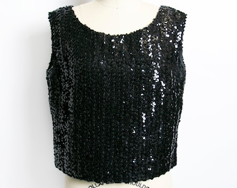 1960s Sequin Top Black Sleeveless Blouse L