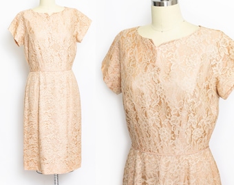 1950s Dress Beige Champagne Lace L