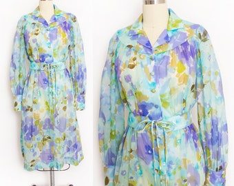 1970s Dress Blue Floral Nylon Chiffon Shirtwaist S