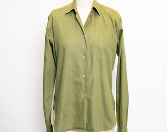 1950s Blouse Cotton Green Long Sleeve Top M