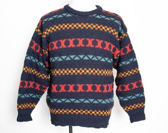 1900s Wool Sweater Men's Striped Knit Crewneck L