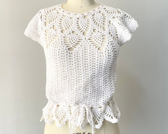 1970s Crochet Blouse Semi Sheer Cotton Top S