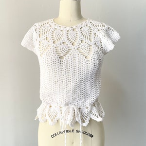1970s Crochet Blouse Semi Sheer Cotton Top S image 1