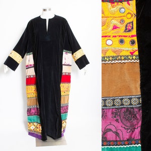 Robe longue caftan années 70 en patchwork de velours XL Volup