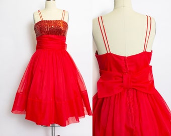 1950s Dress Red Chiffon Sequins Full Skirt S