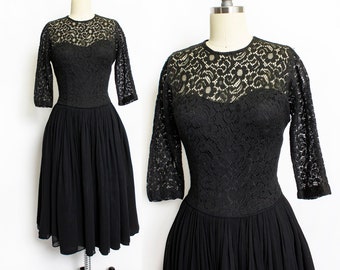 1950s Dress Black Illusion Chiffon Lace S