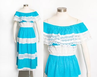 1970s Dress Mexican Lace Teal Maxi Off Shoulder L