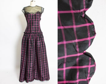 1940s Dress Black Pink Taffeta Illusion Gown S