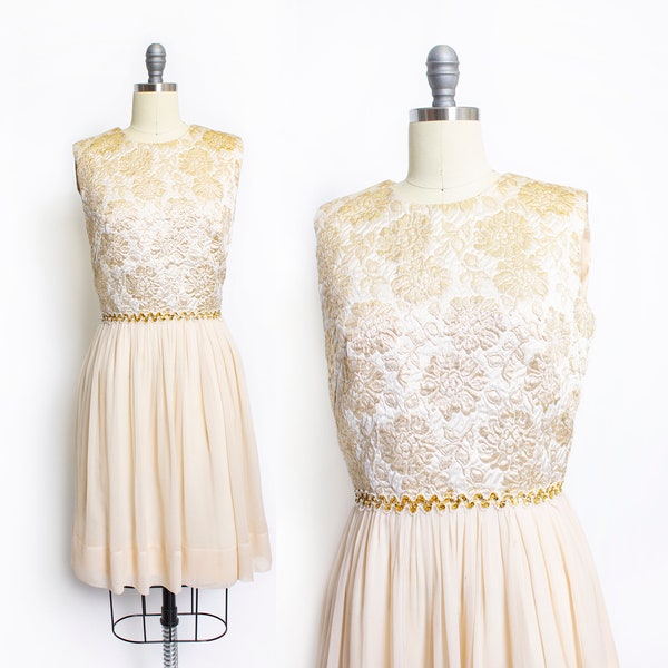 Vintage 1960s Dress Chiffon Cream Gold Lace Full Skirt Sequins 60s Small S