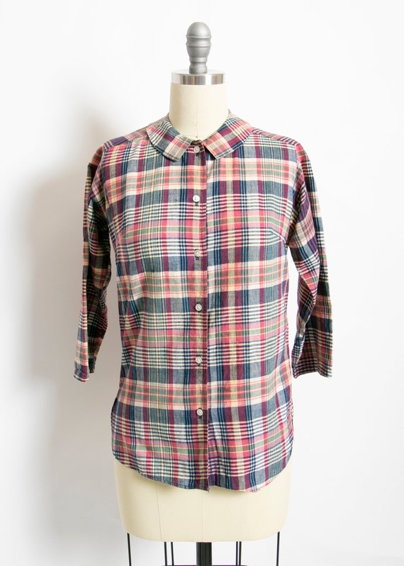 Vintage 1970s Blouse India Cotton Plaid Shirt Madr