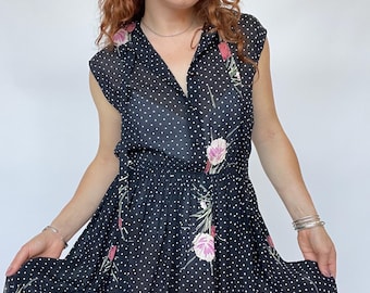 1970s Dress Polka Dot Dark Floral Sheer Chiffon S