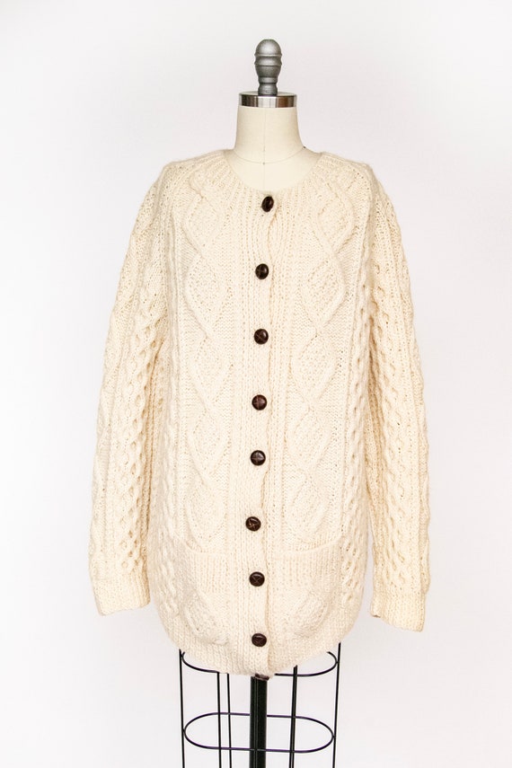 1970s Irish Wool Cardigan Fisherman Sweater Knit L - image 1