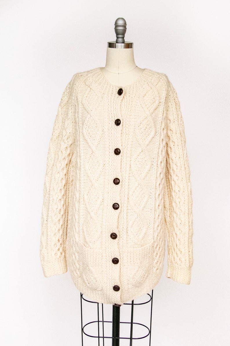 1970s Irish Wool Cardigan Fisherman Sweater Knit L image 1