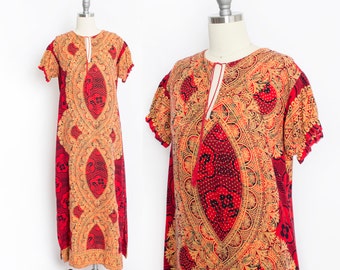 1970s Dress Cotton Red Boho S