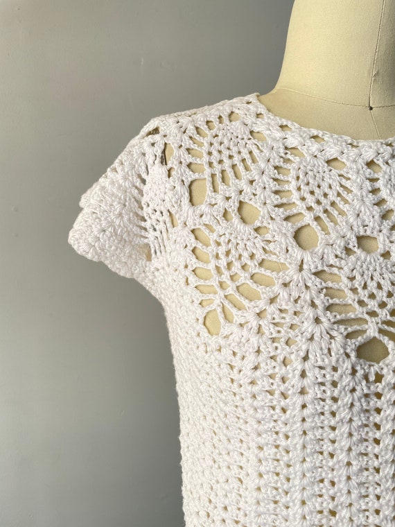 1970s Crochet Blouse Semi Sheer Cotton Top S - image 8