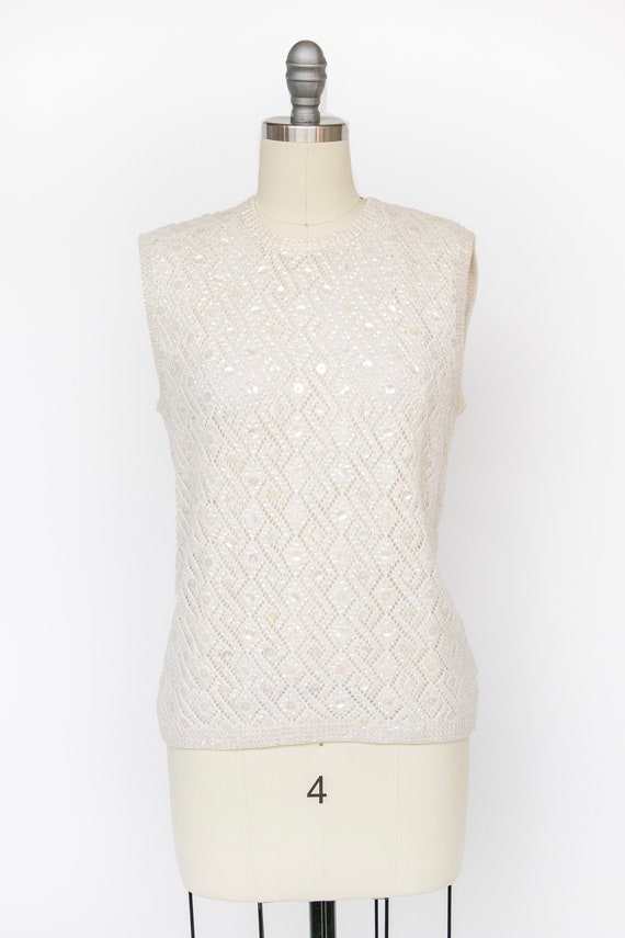 1960s Sequin Top Wool Knit Sleeveless Blouse M - image 1