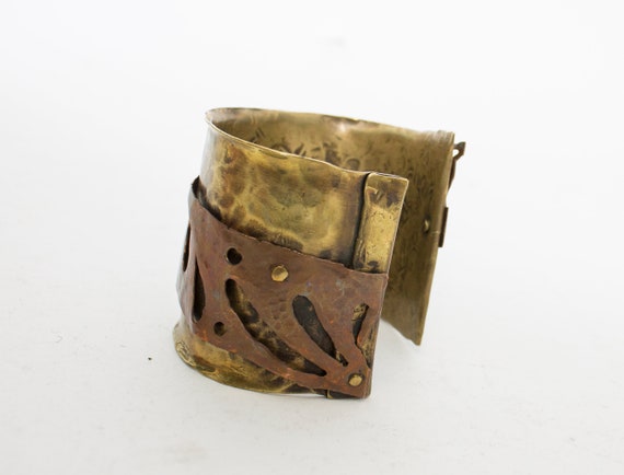 1980s Brutalist Bracelet Metal Cuff Copper Brass … - image 7