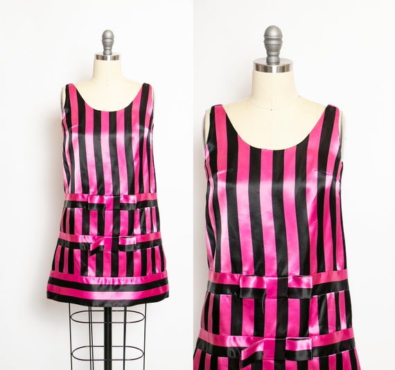 Vintage 1960s Dress Black Pink Striped Satin Mini