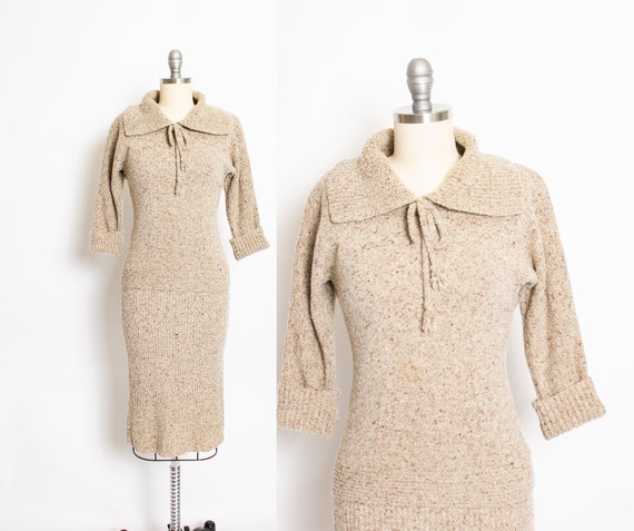 Vintage 1950s Ensemble Wool Knit Brown Skirt & Swe