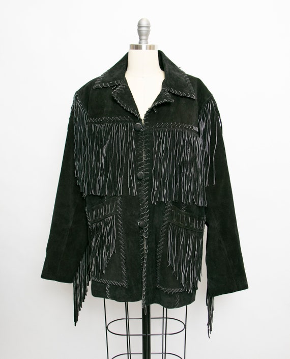 1990s FRINGE Suede Jacket Western Leather Coat Bla