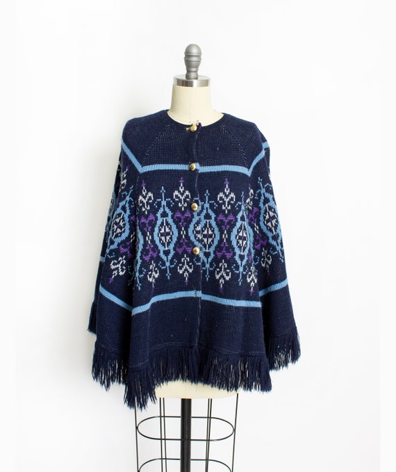 Vintage 1970s Cape Blue Fringe Acrylic Sweater Kni