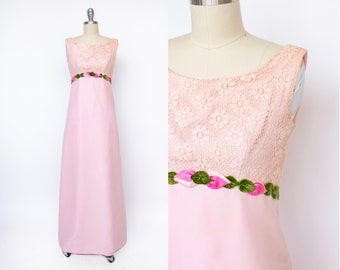 1960s Dress Chiffon Pink Floral Gown S