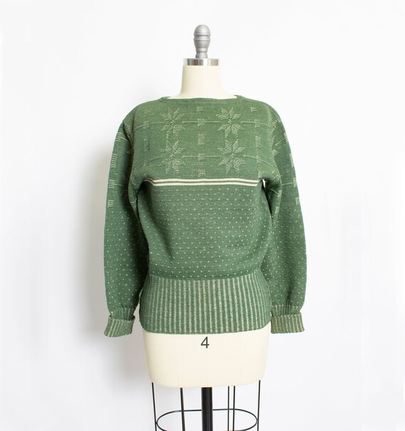Vintage 1940s SKI Sweater Green Wool Knit PullOver