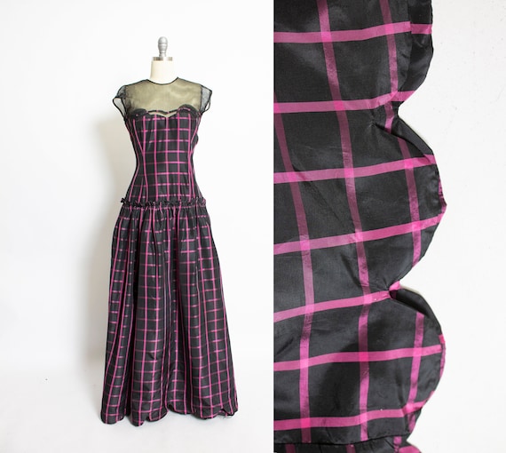 1940s Dress Black Pink Taffeta Illusion Gown 40s S
