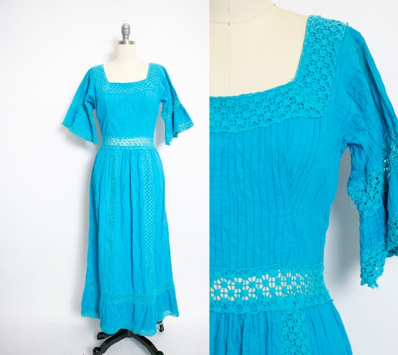 1960s Mexican Wedding Dress Blue Lace Maxi Boho Me